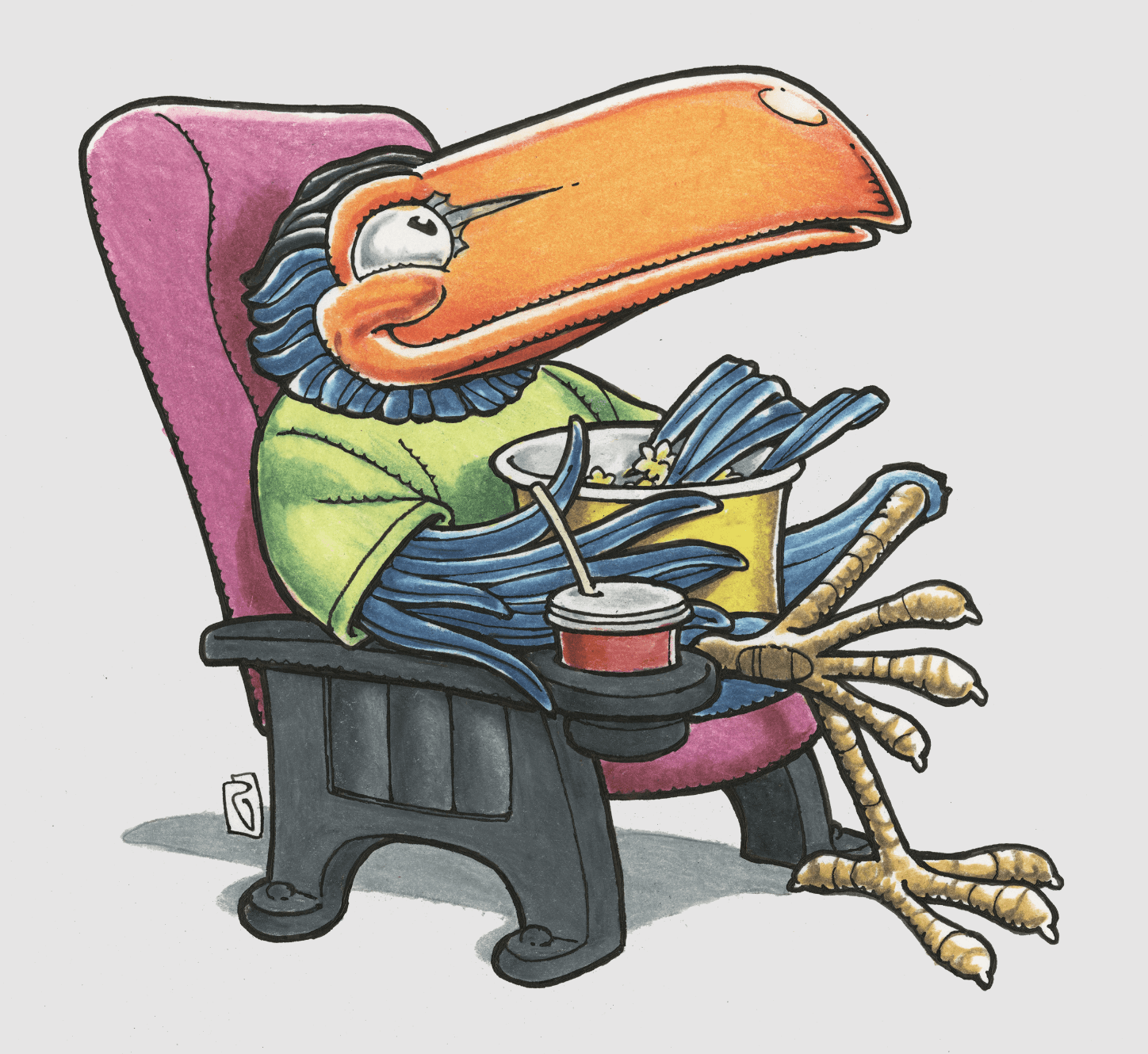Toucan Logo reclining in a theater seat with popcorn and a drink
