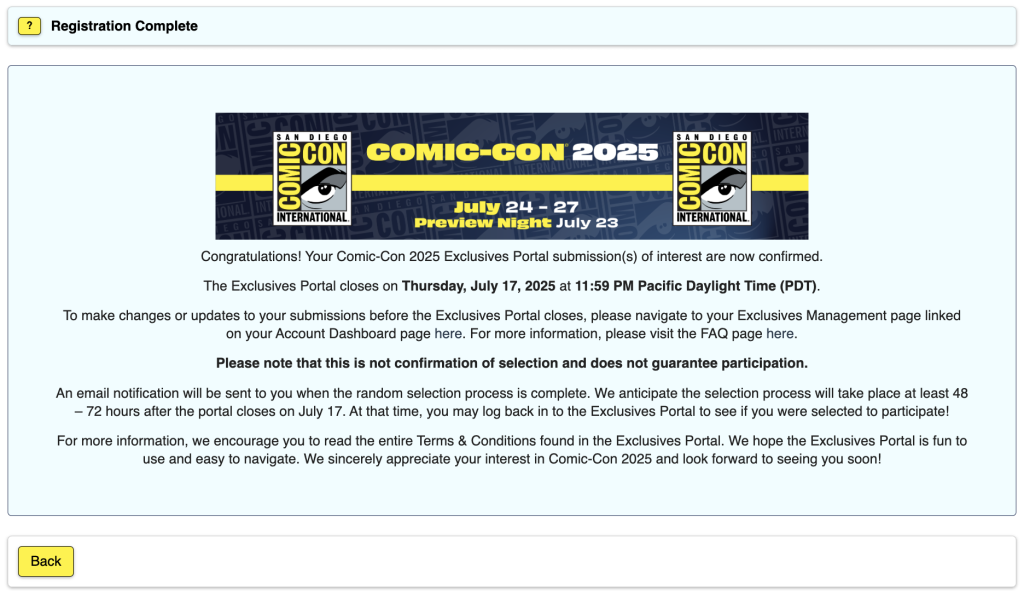 Exclusives Portal Confirmation Page