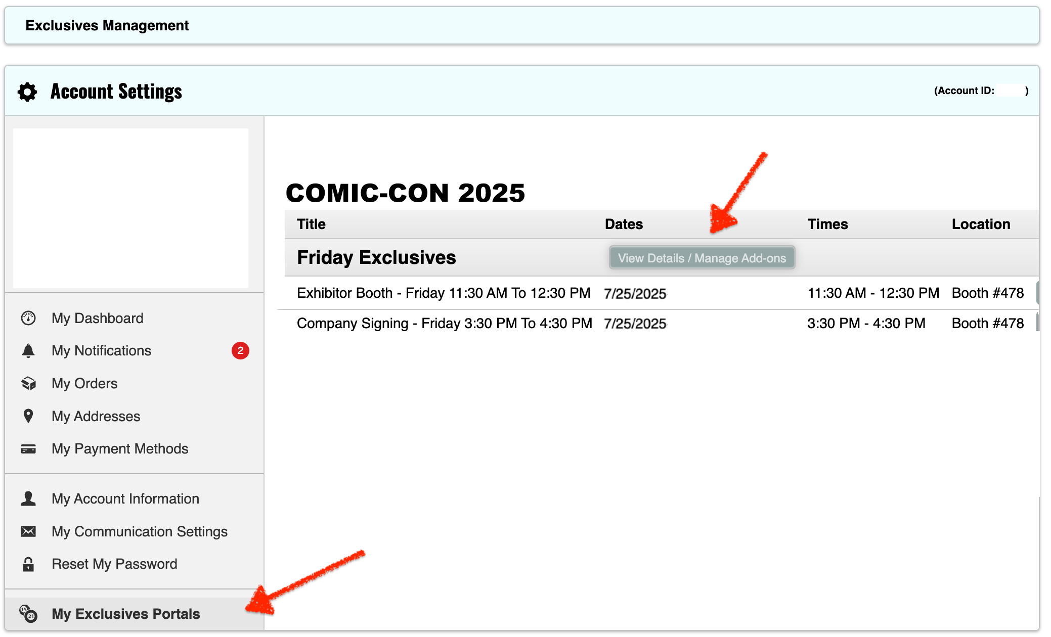 Exclusives Portal Account Dashboard