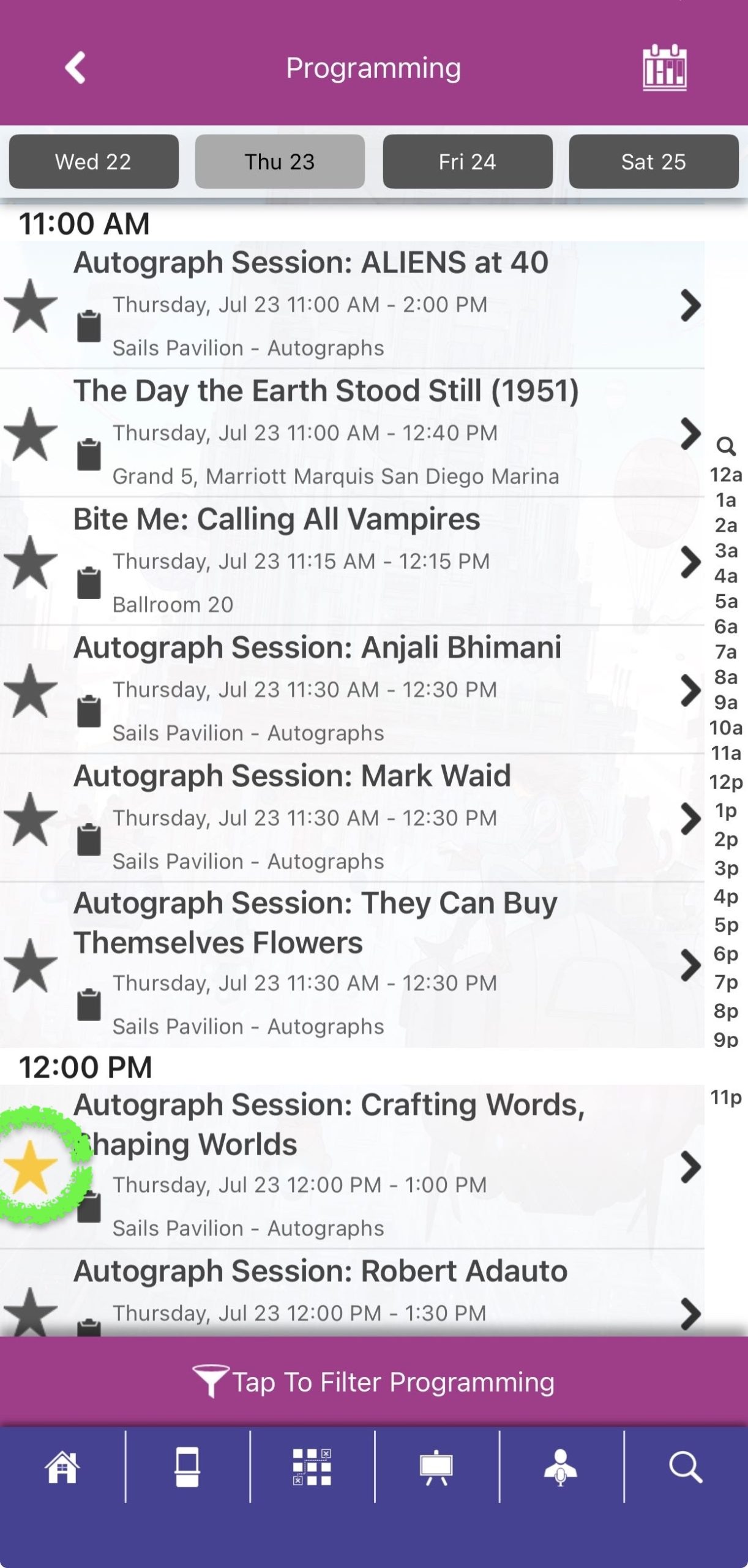 Mobile App Schedule Grid with one session "favorited" with a "star" button