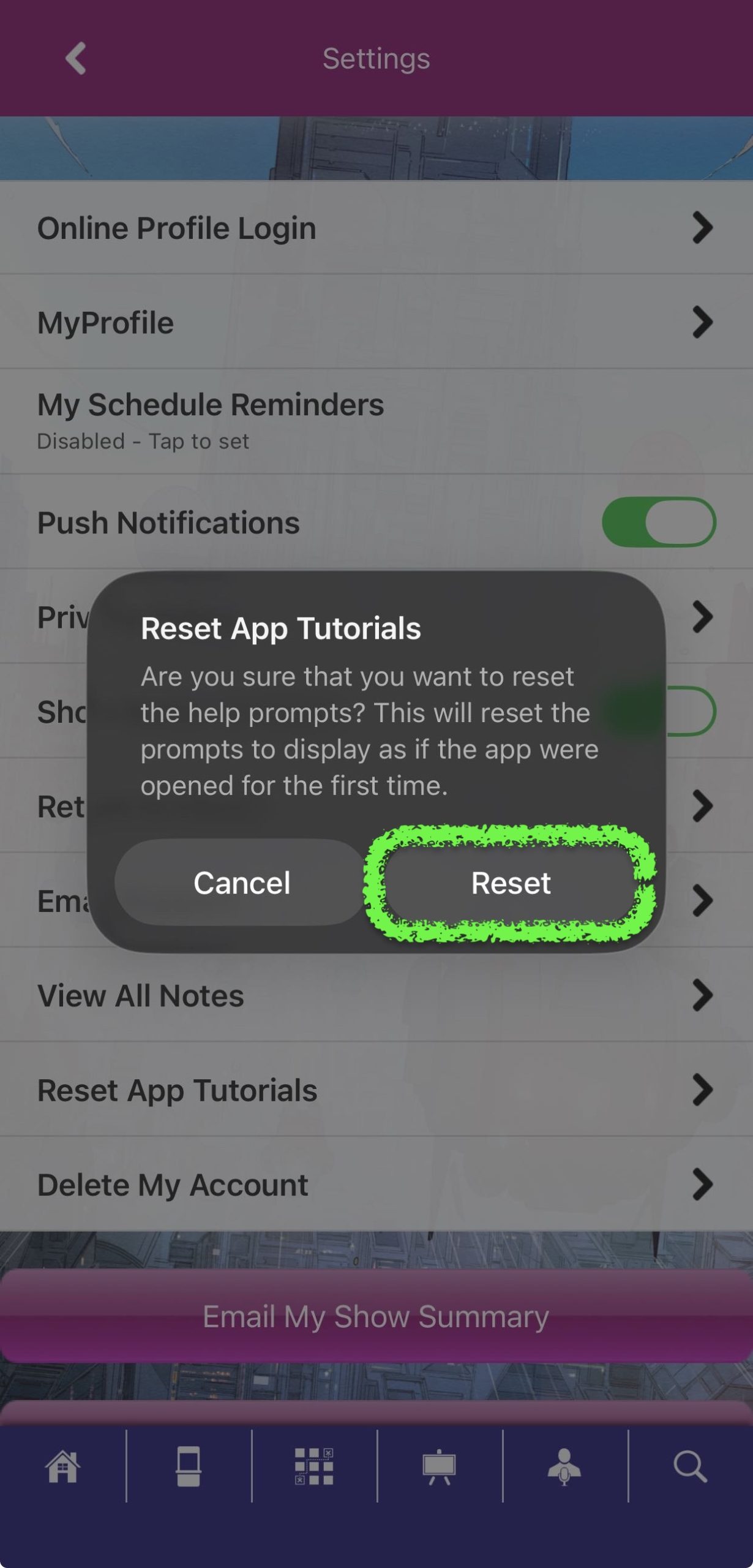 Mobile App Reset Tutorials Confirmation Box Pop-up