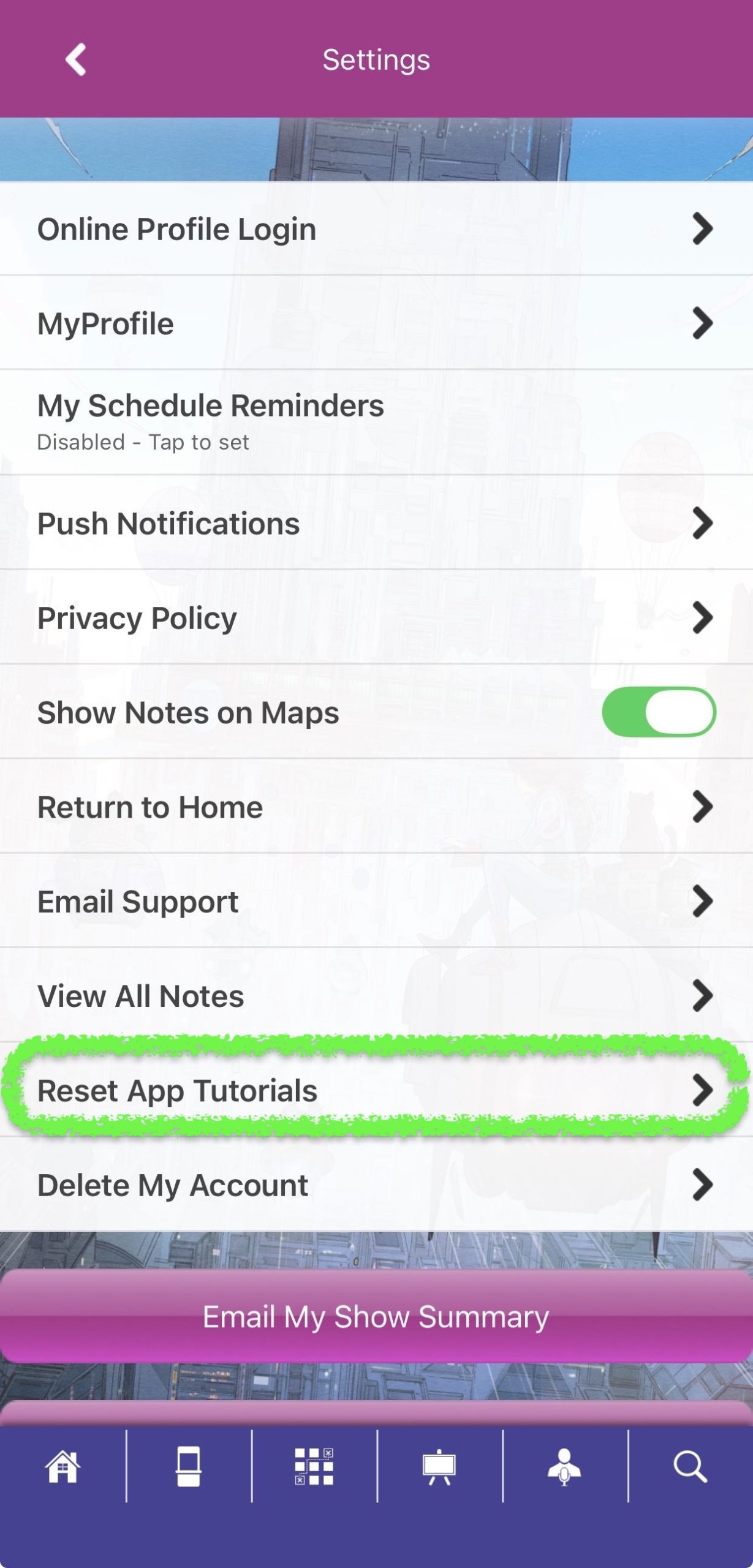 Mobile App Settings "Reset App Tutorials" List Item