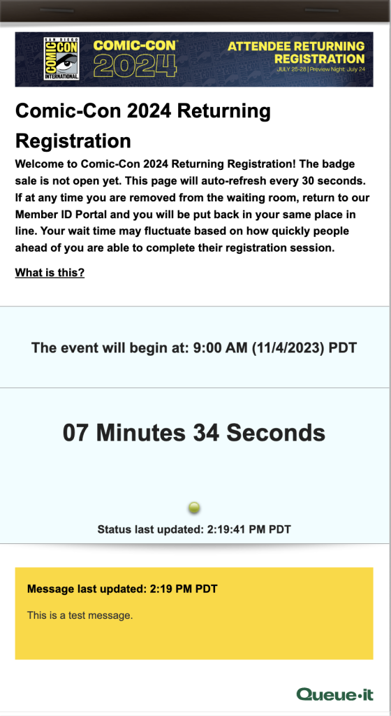 Comic-Con 2024 Registro de Regreso Queue-it Sala de Espera Prequeue