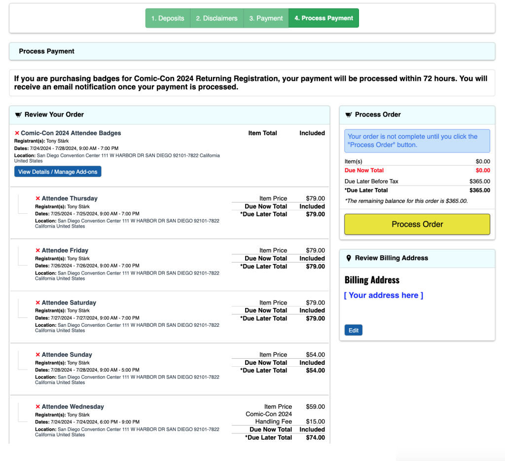 Comic-Con Badge Sale Process Order Page